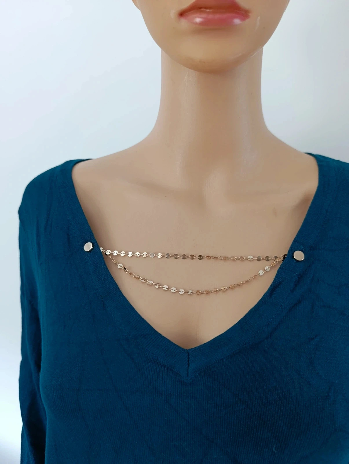 Jersey fino Cache Cache azul petróleo con cuello en V con cadena decorativa T. S/M – photo 5